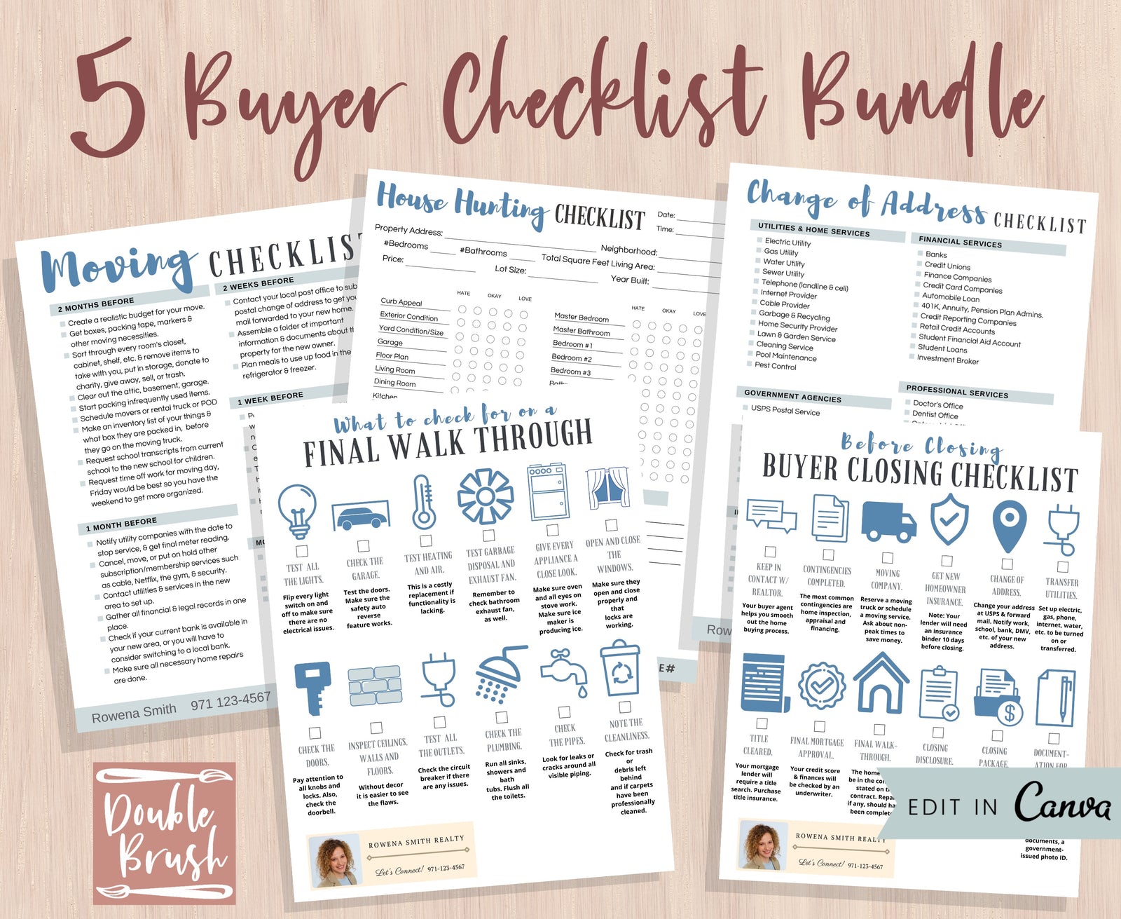 Modern Real Estate Buyer Checklist Bundle, 5 Editable Canva Templates