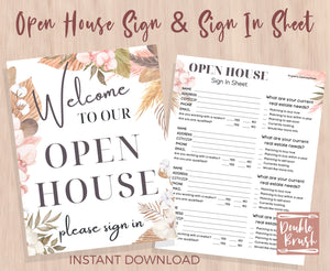 Open House Sign & Open House Sign In Sheet Printable 2 Piece Set, Dry Flowers Design