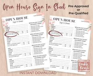 Open House Sign & Open House Sign In Sheet Printable 2 Piece Set, Dry Flowers Design