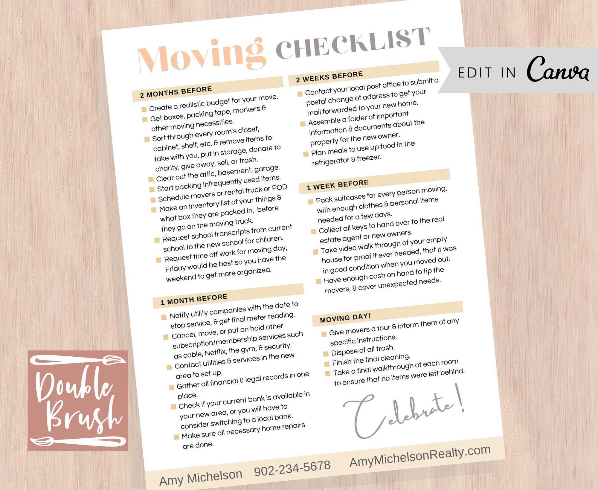 Moving Checklist Printable Editable Template, Real Estate Marketing