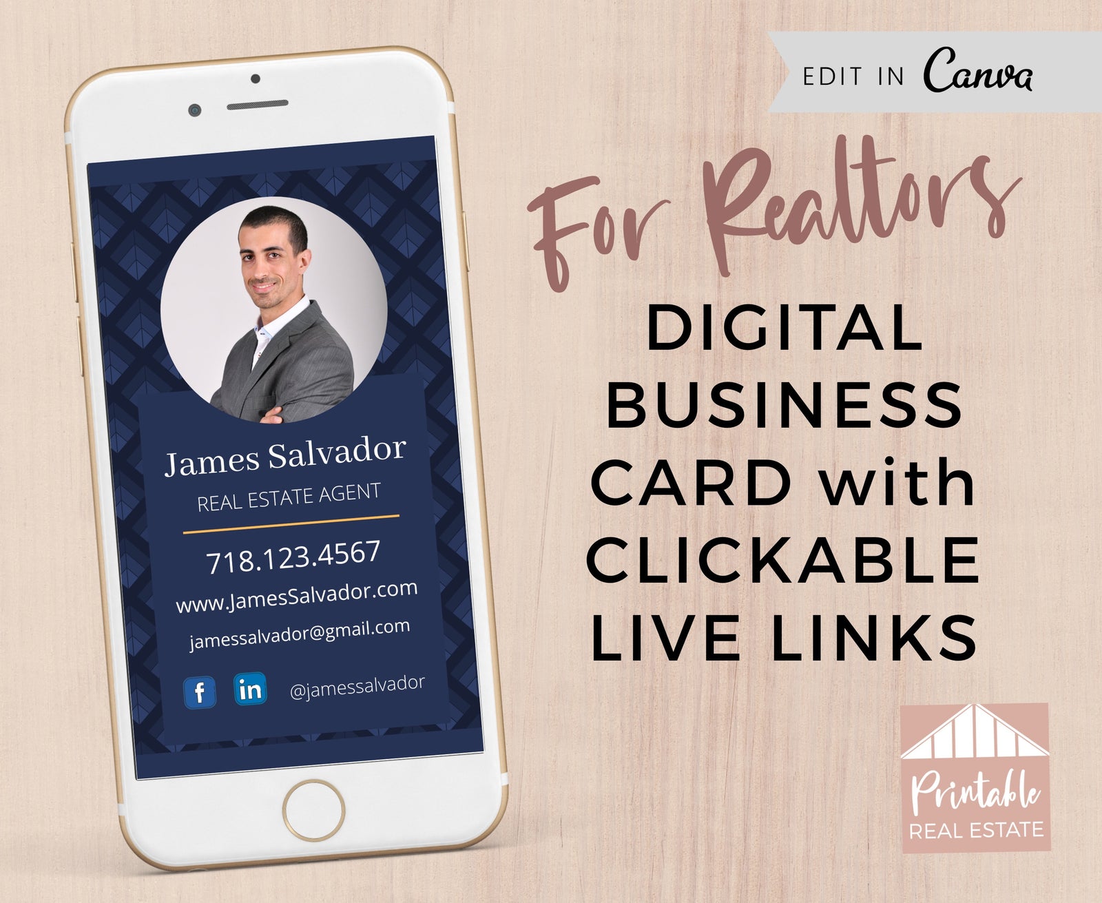 Man Business Card for Real Estate Agents, Modern Realtor Digital Business Card Template
