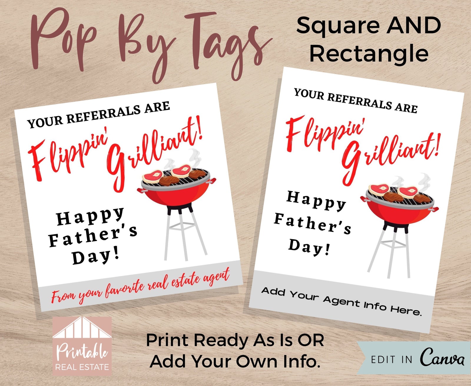 Pop By Tags Father's Day, Real Estate Pop By Template, Thank You Referrals Tags, Realtor Pop Bys Dad BBQ Barbeque Grill Pop By Cards PBS010