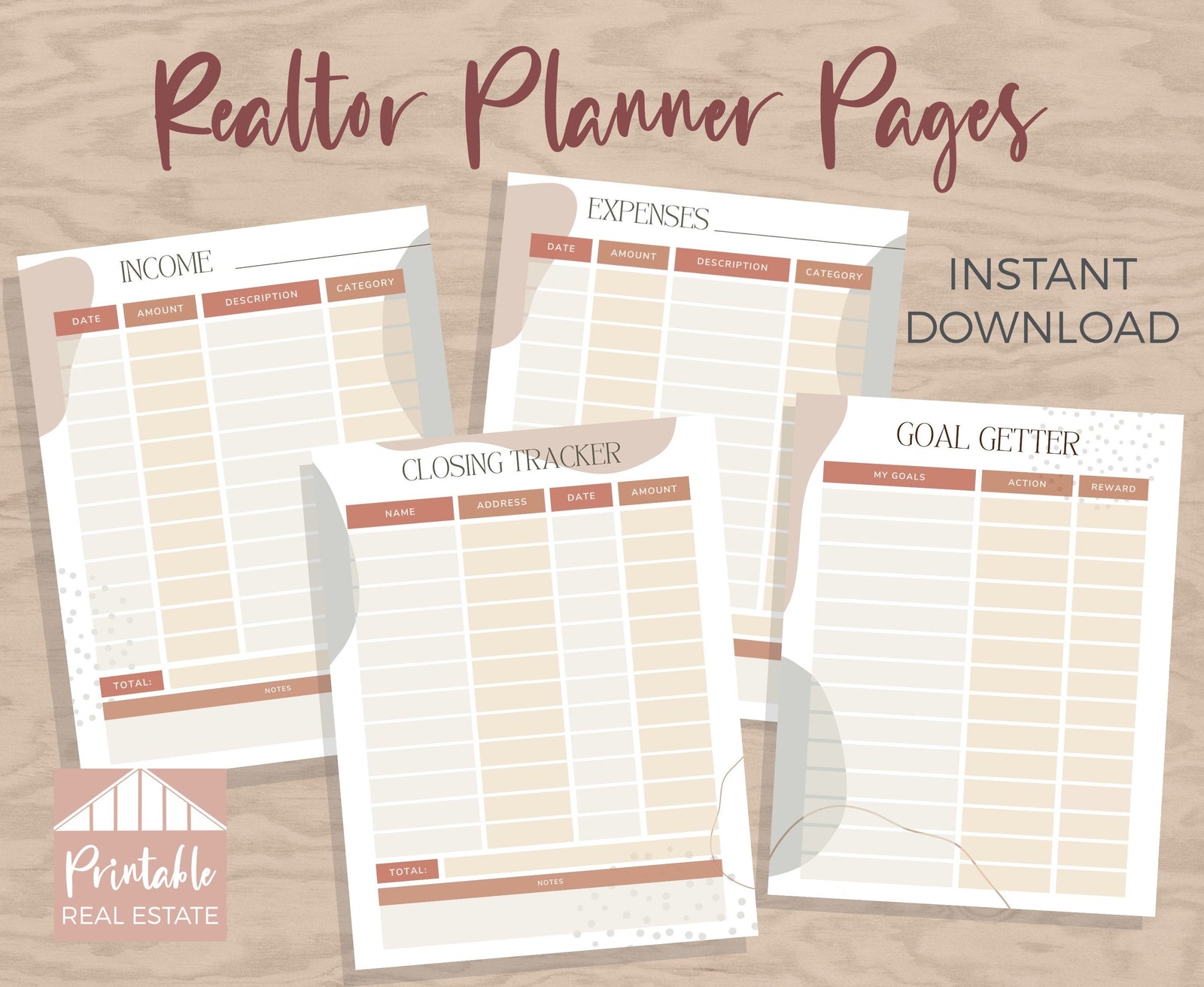 Real Estate Planner Page Income Tracker, Expense Tracker, Goal Tracker, Closing Tracker, Abstract Neutral Boho Design Realtor Planner MPP010