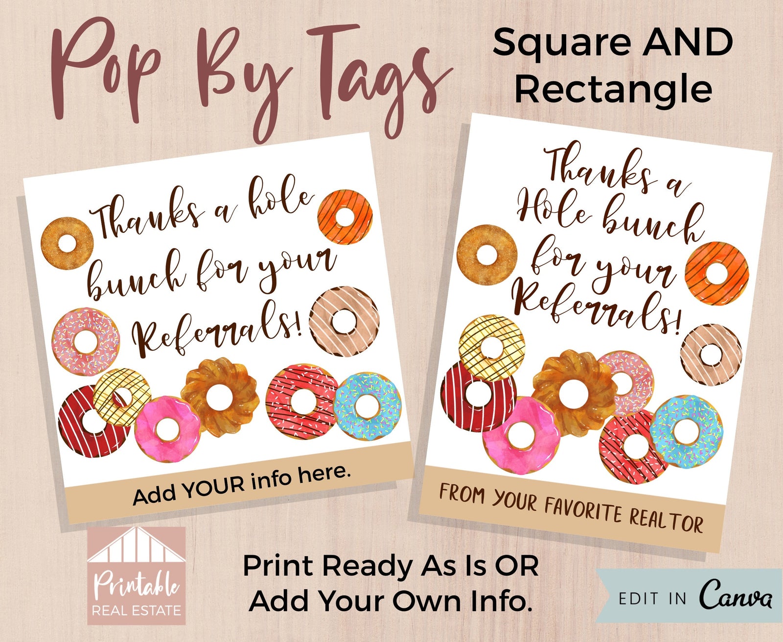 Donuts Referral Pop By Tag Printable, Real Estate Marketing Gift Tags