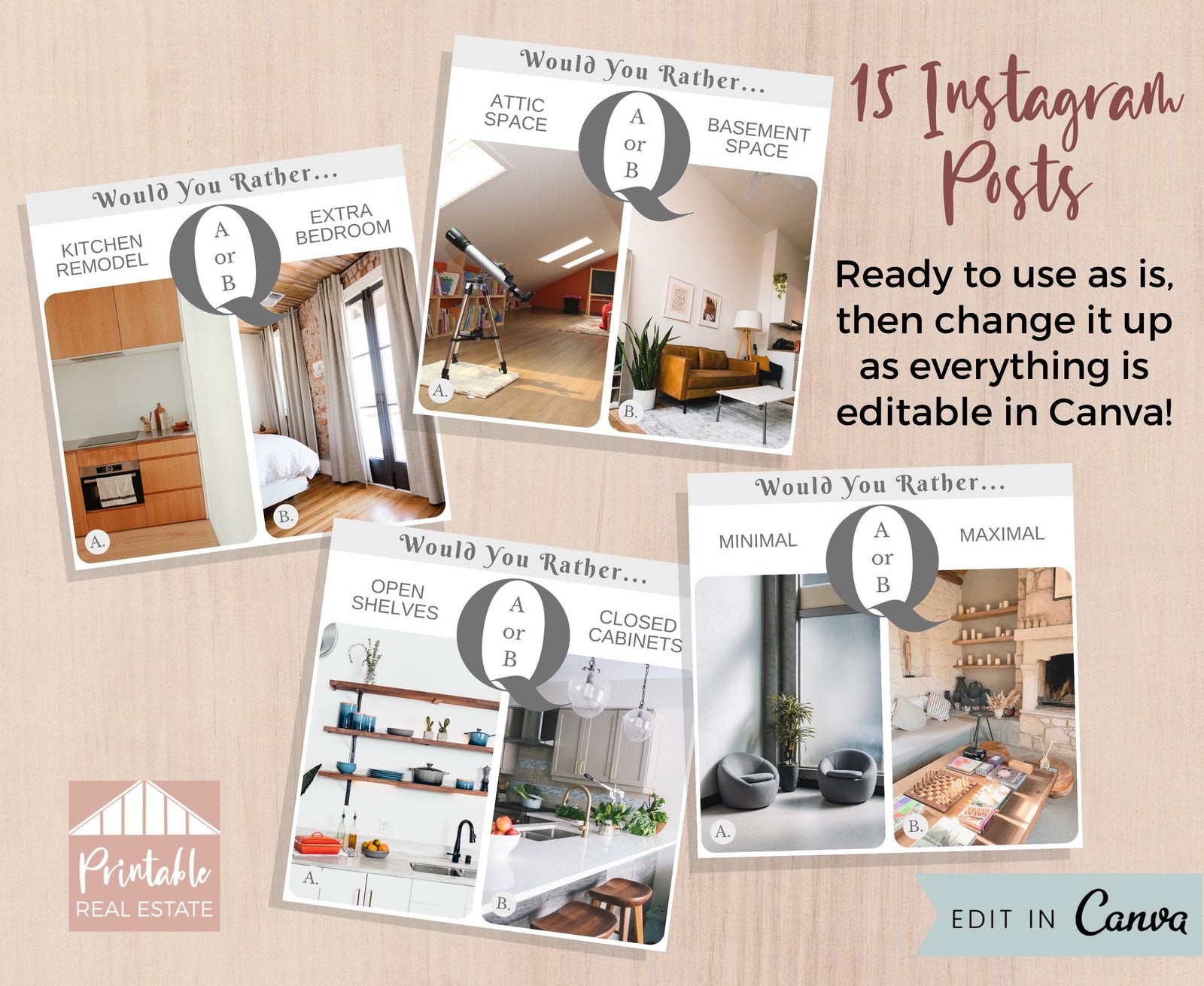 Would You Rather Real Estate Templates, Social Media Engagement Real Estate Marketing, 15 Instagram Posts & 15 Stories Posts Realtor IGP011